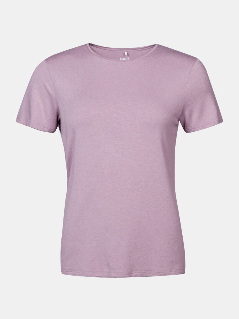 The Halti Tuntu II Merino T-shirt Women's in light purple, short-sleeved, is shown on a white background.