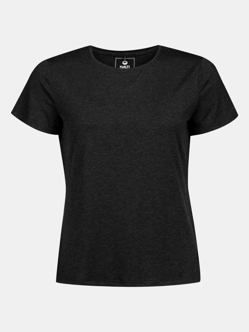 Halti Tuntu II Merino Womens black crew neck tee with short sleeves, perfect for outdoors, shown on white background.