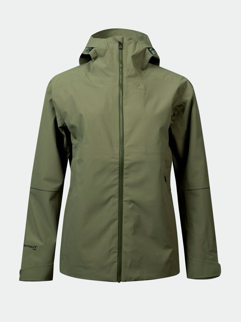 Halti Kajana 3L DX Shell Jacket Womens—light olive green, waterproof, with zipper and pockets; perfect for outdoors.