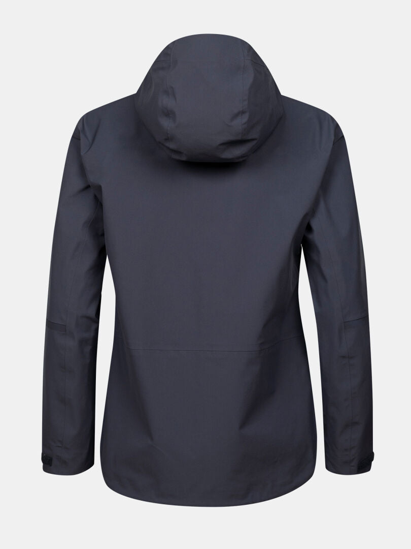 A dark gray Halti Kajana 3L DX Shell Jacket Womens is shown from the back, highlighting its waterproof performance.