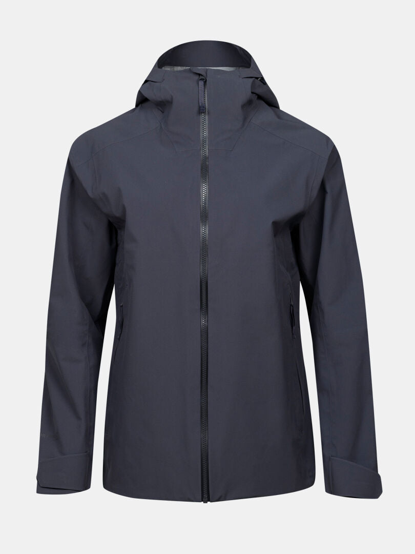 Halti Kajana 3L DX Shell Jacket Womens in dark gray, recycled waterproof fabric with hood and front zipper, shown on white.