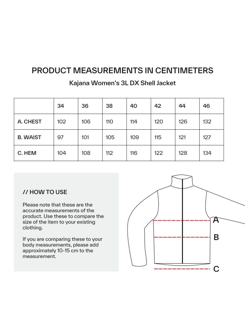 Size chart for Halti Kajana 3L DX Shell Jacket Womens—chest, waist, and hem in cm; perfect for outdoor enthusiasts.