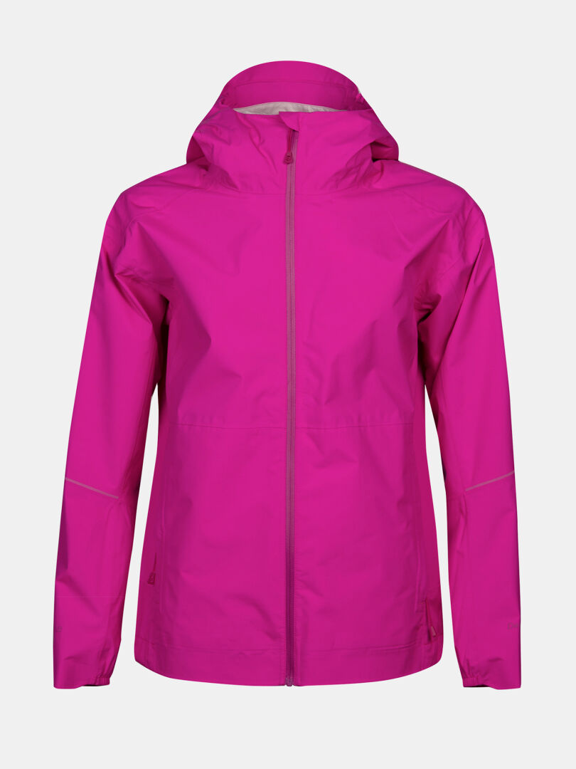 The Halti Pisarat 2,5L DX Shell Jacket Womens is a bright pink, hooded, weatherproof jacket with a front zipper.