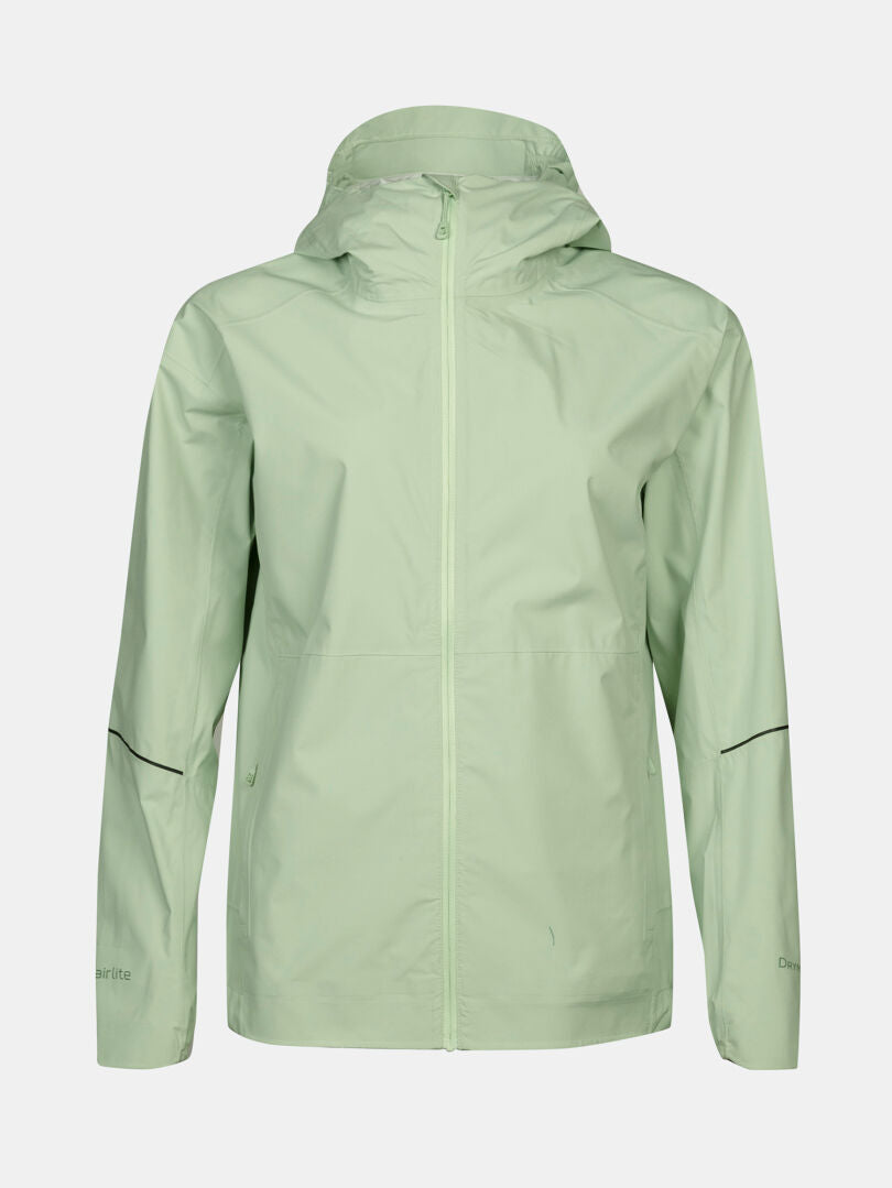 Halti Pisarat 2,5L DX Womens Shell Jacket in light green with hood, front zipper, long sleeves, and minimal branding.