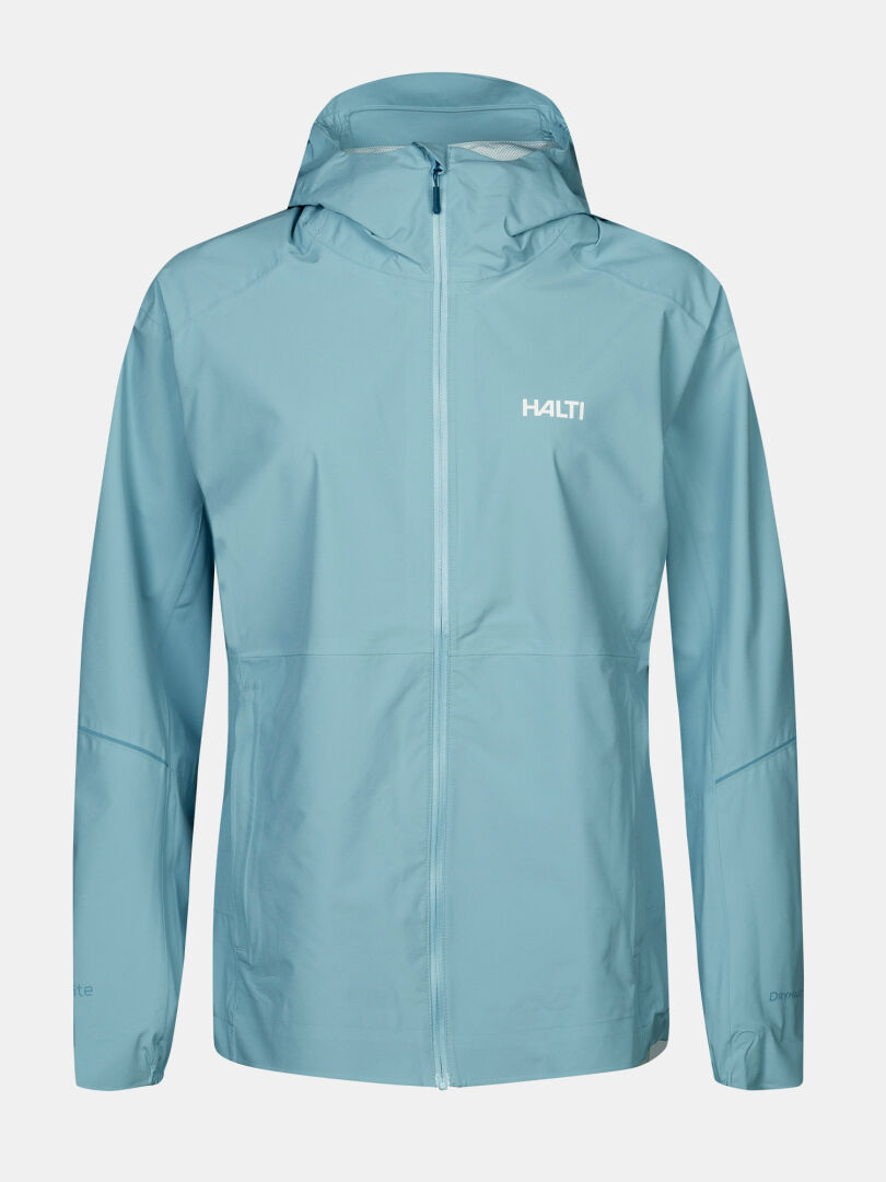 Light blue Halti Pisarat 2.5L DX women's shell jacket with hood, full zip, and logo on chest, on plain background.