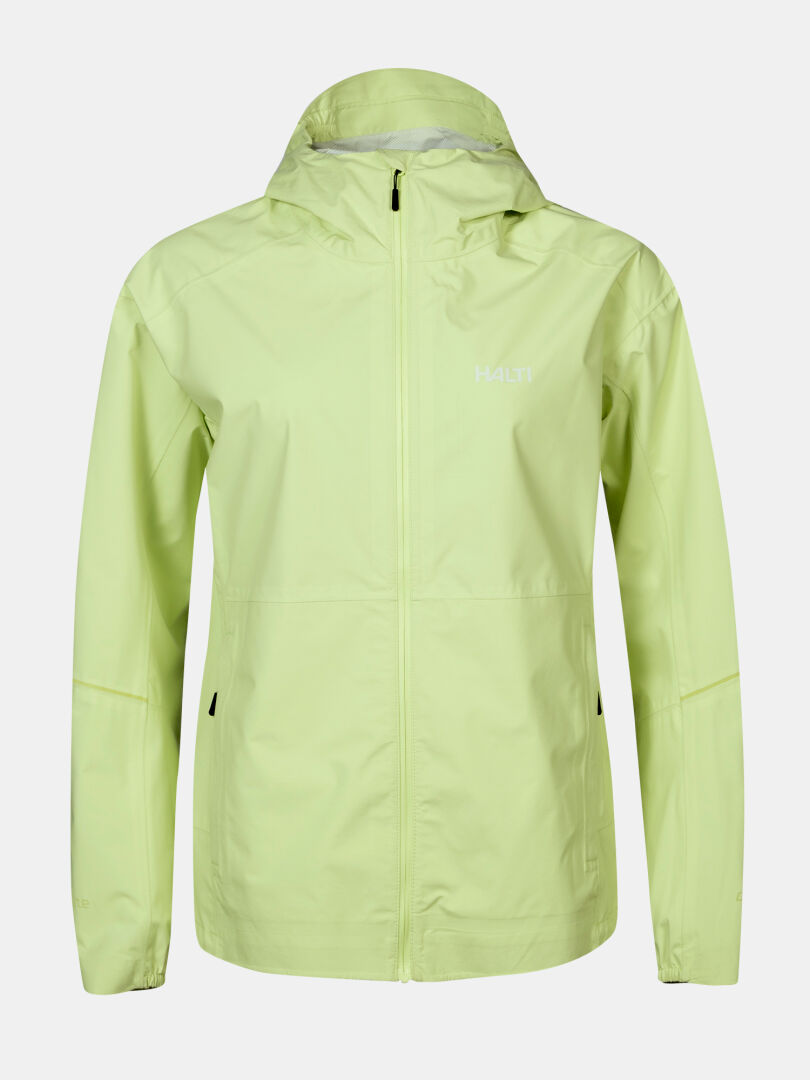 The Halti Pisarat 2.5L DX Shell Jacket Women's is a light green, packable raincoat with a front zip and chest logo.