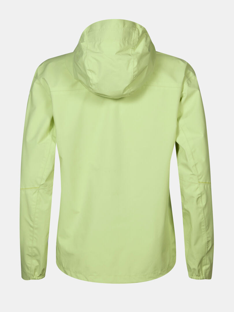 The Halti Pisarat 2.5L DX Shell Jacket Women's is light green, lightweight, with long sleeves, hood, and relaxed fit.
