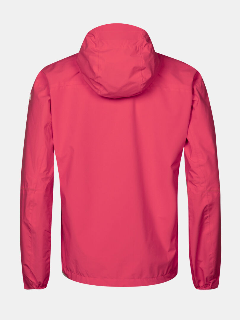 The Halti Pisarat 2,5L DX Shell Jacket Women's in bright pink is shown from the back on a white background.