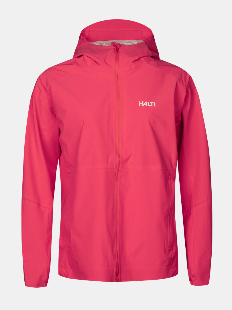The Pisarat 2,5L DX Shell Jacket Women’s by Halti is bright pink, lightweight, hooded, and features a chest logo.