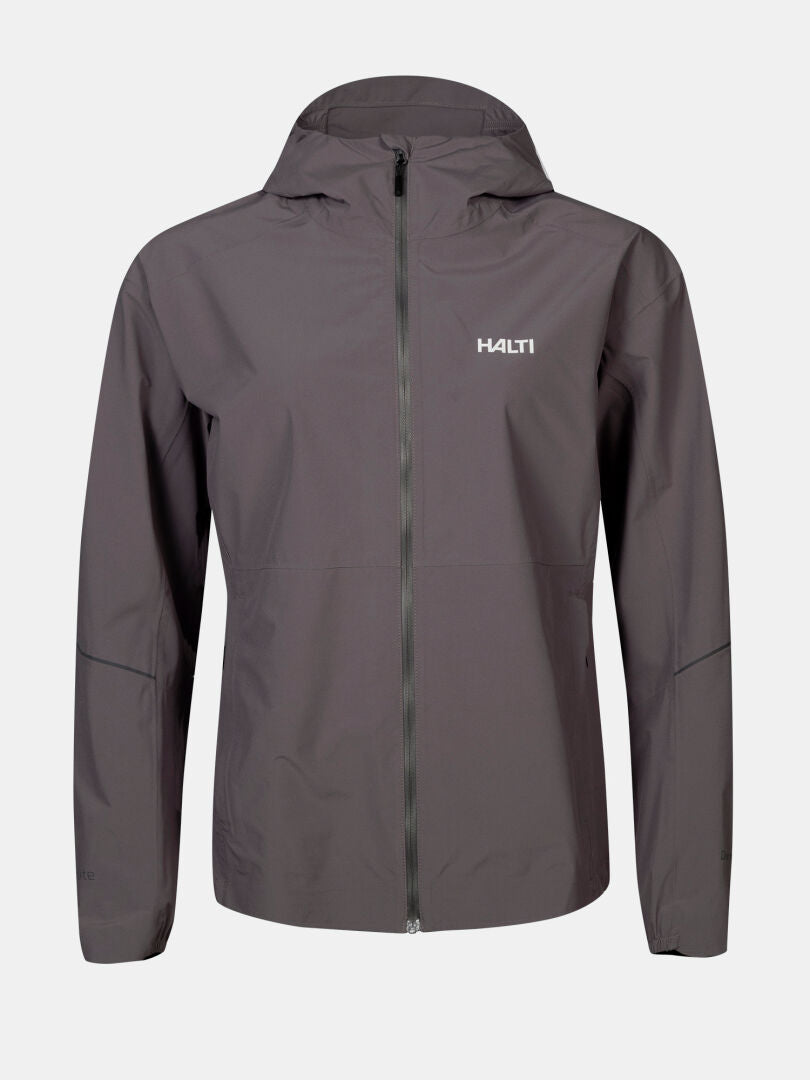 The Halti Pisarat 2.5L DX Shell Jacket Women's is a gray, lightweight zip-up with a logo on the chest.