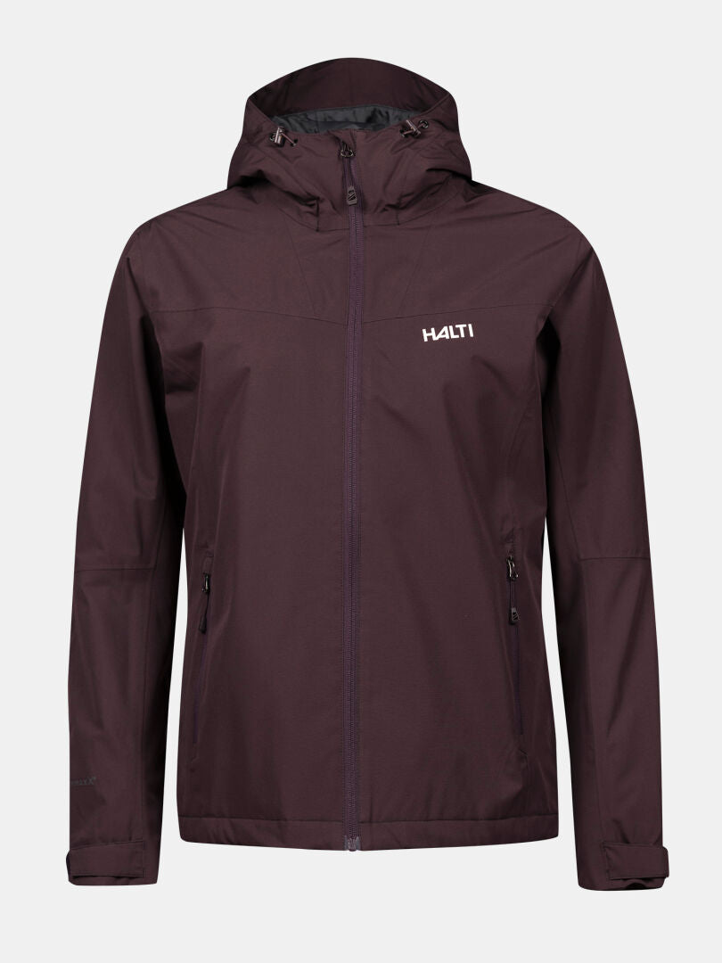 The Halti Forter DX Warm Shell Jacket Women's is dark purple, waterproof, hooded, with zip pockets and a chest logo.