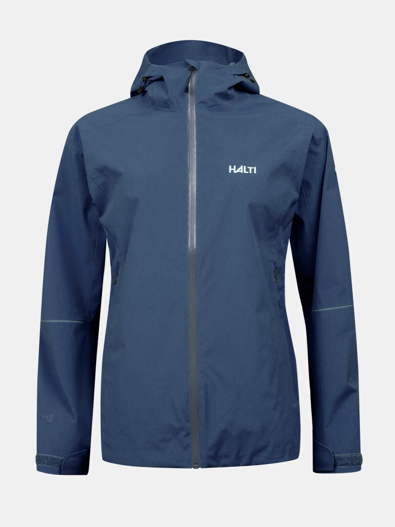The Halti Forter DX Warm Shell Jacket Women's, blue with hood and front zipper, is shown against a plain background.