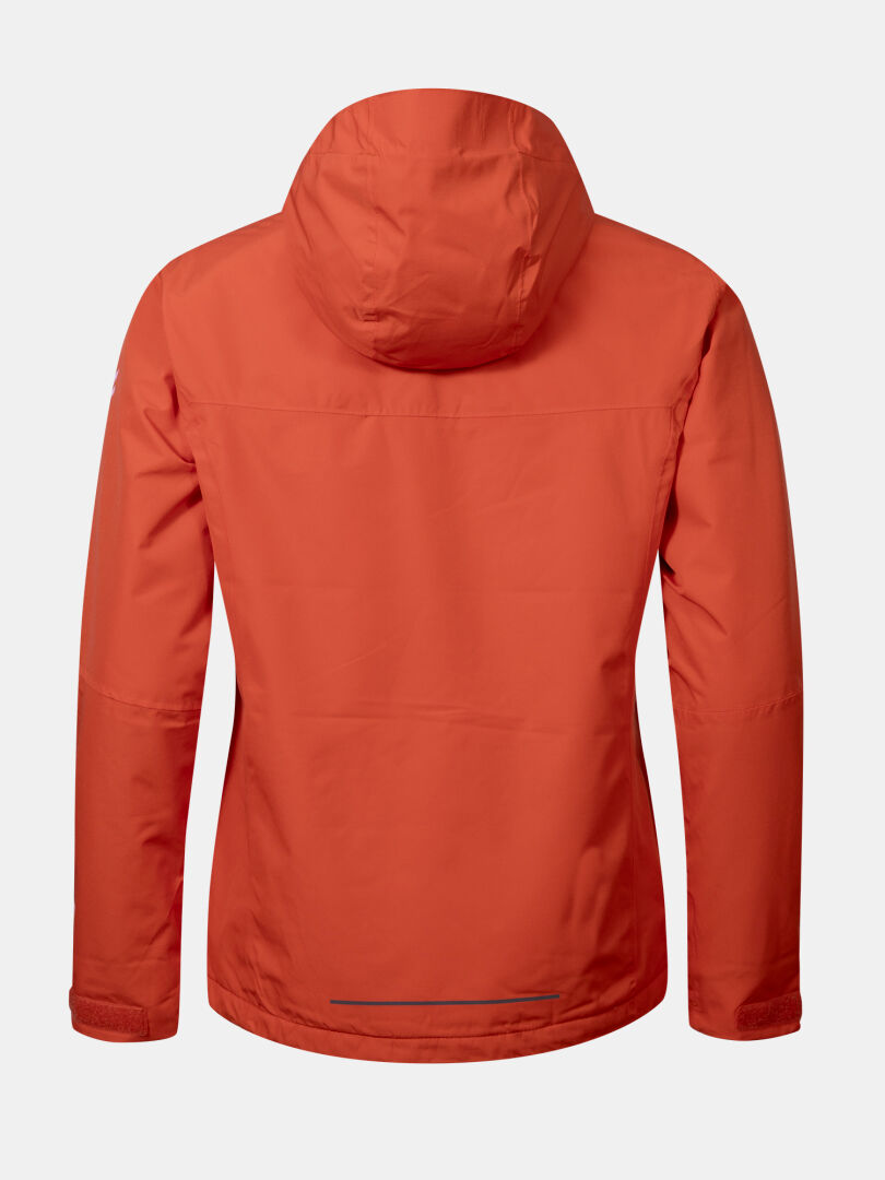 Back view of Halti Forter DX Warm Shell Jacket Women's in orange, with long sleeves and adjustable cuffs, on plain backdrop.