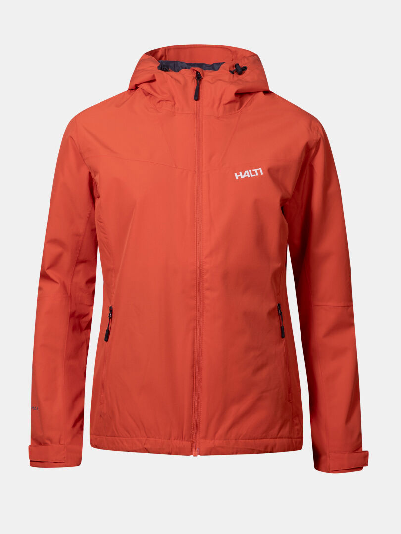 Front view of Halti Forter DX Warm Shell Jacket Women's in orange, featuring zippered pockets and chest logo.
