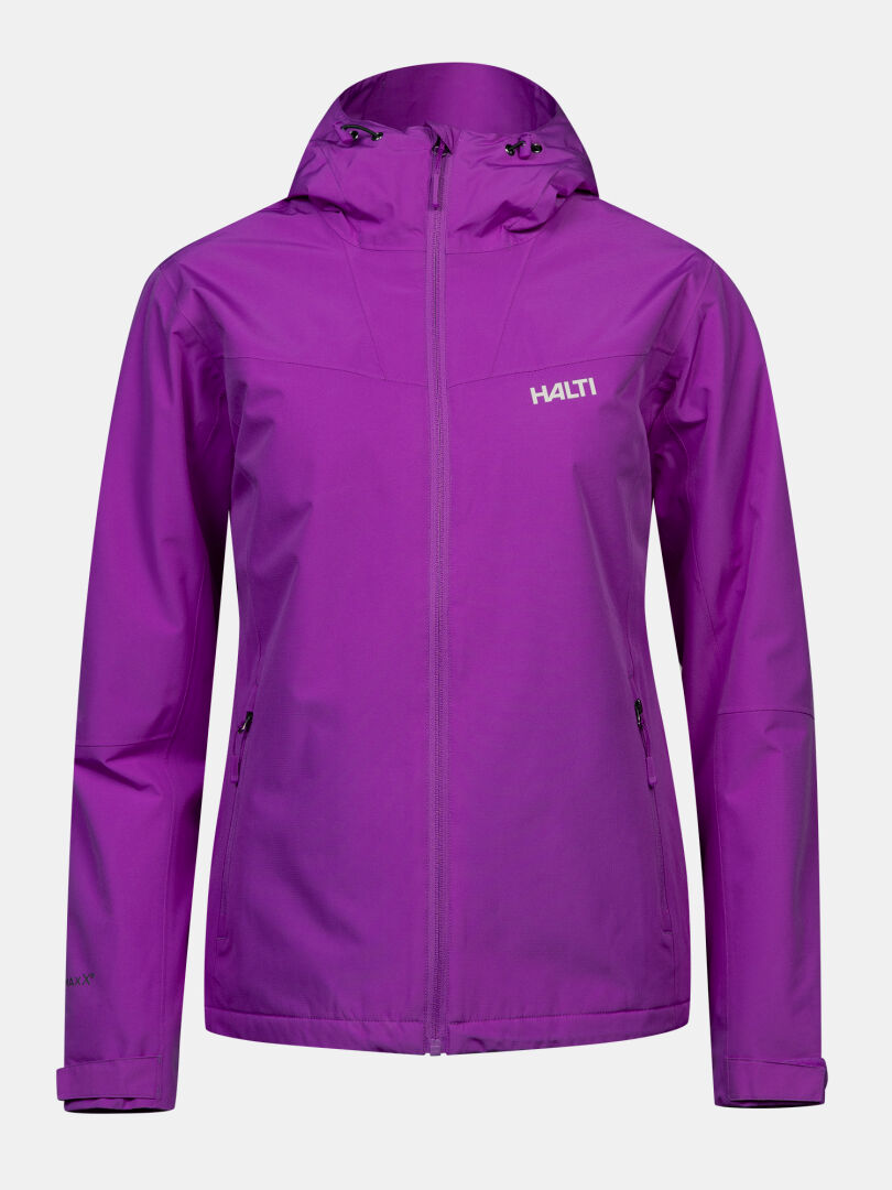 Purple Forter DX Warm Shell Jacket Women’s with a hood, front zipper, zip pockets, and a waterproof design.