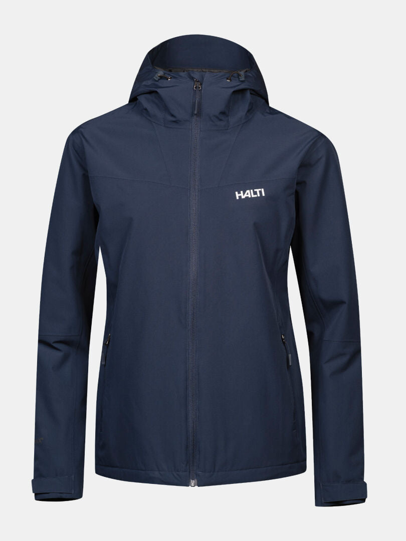 Navy blue Halti Forter DX Warm Shell Jacket Women’s featuring a front zipper and white chest logo.