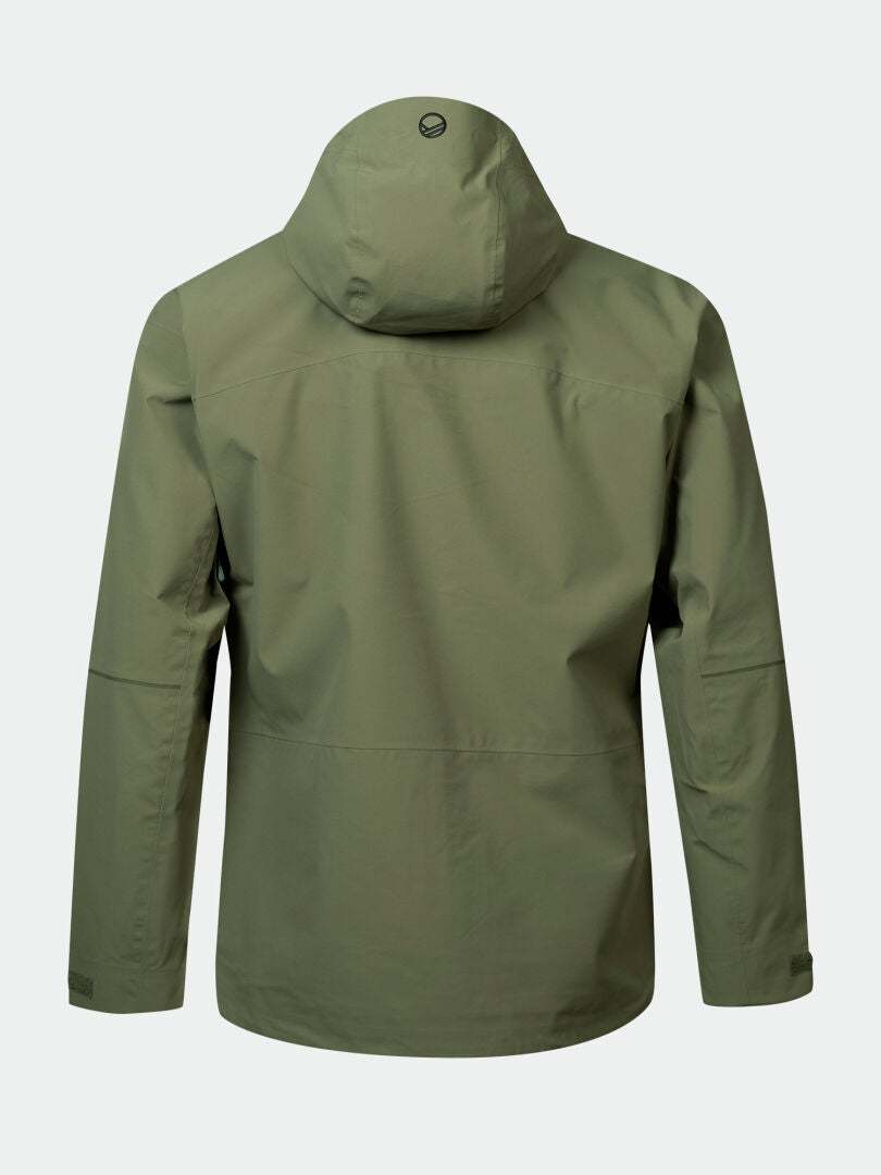 The Halti Kajana 3L DX Shell Jacket Mens in khaki green is shown from the back on a plain light gray background.