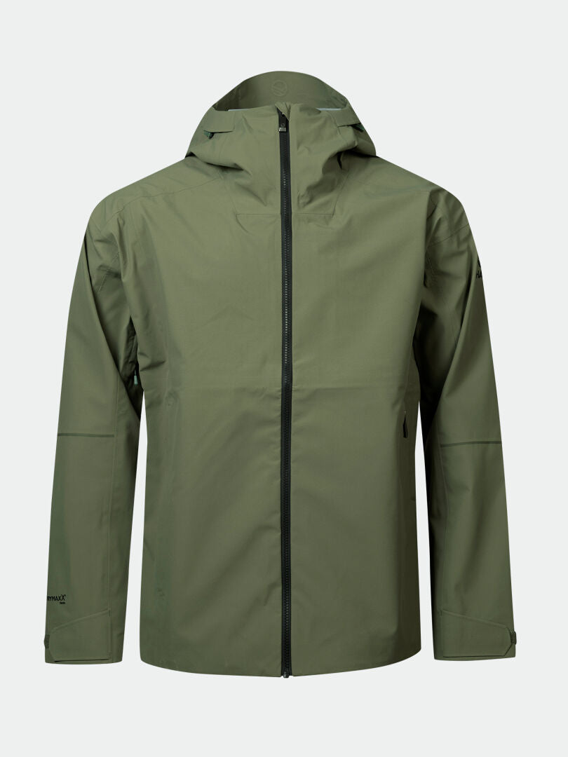 Halti Kajana 3L DX Shell Jacket Mens: olive green, hooded, lightweight, waterproof, with front zipper.