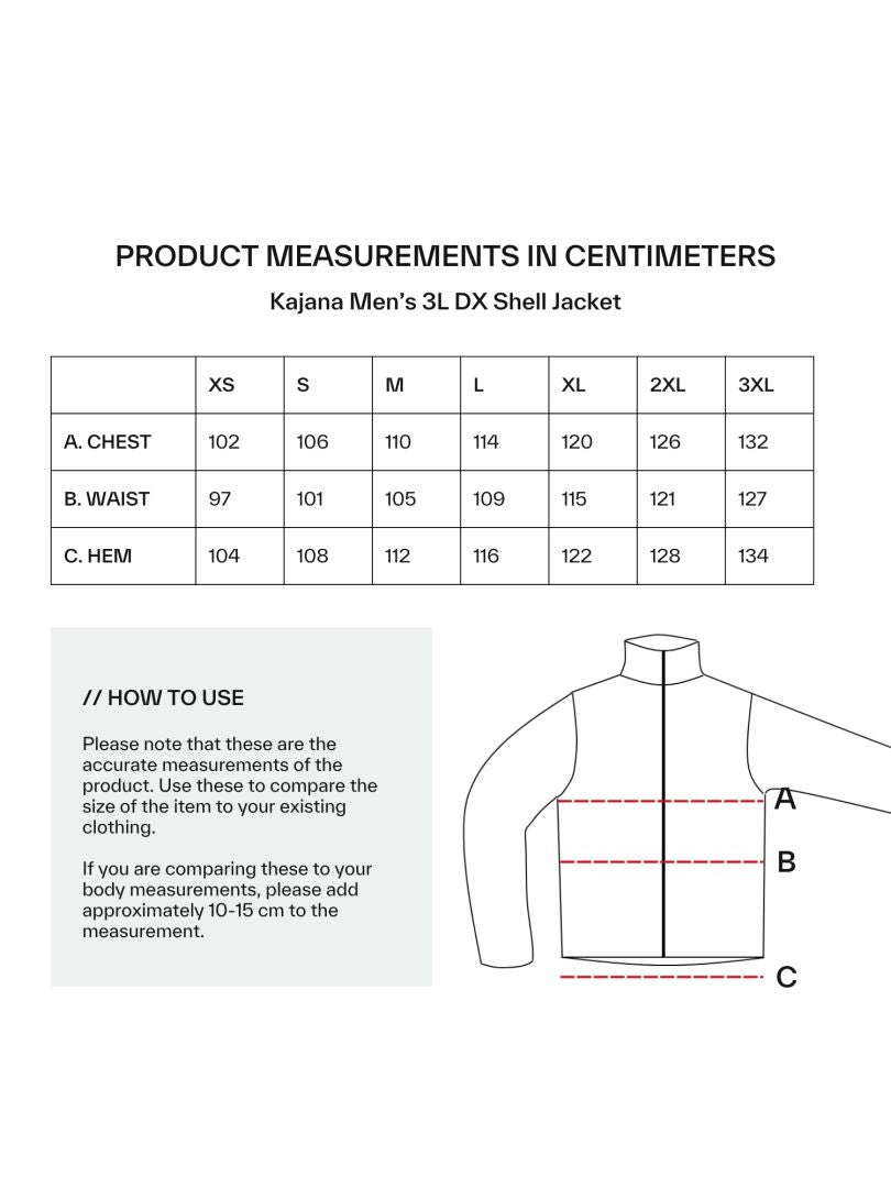 Size chart for the Halti Kajana 3L DX Shell Jacket Mens—lightweight, durable, with cm measurements and illustration.