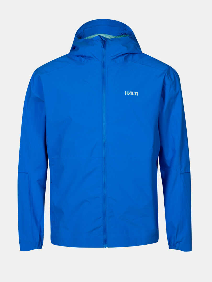 The Halti Pisarat 2.5L DX Men's Shell Jacket is lightweight, blue, hooded, with front zipper and logo on the chest.