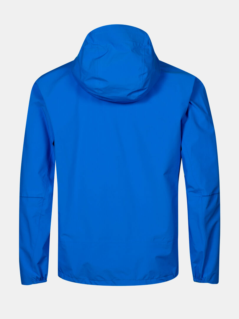 Halti Pisarat 2,5L DX Men's Shell Jacket in blue with long sleeves, elastic hem, and cuffs shown from the back.