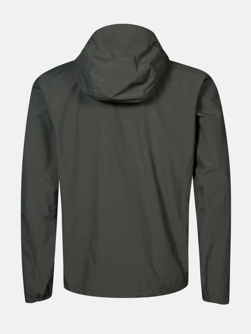 The Halti Pisarat 2,5L DX Shell Jacket Men's in dark green is shown from the back on a plain white background.