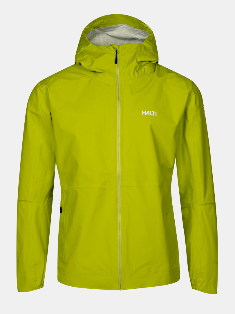 The Halti Pisarat 2.5L DX Men's Shell Jacket is bright yellow-green with a hood, front zipper, and chest logo.