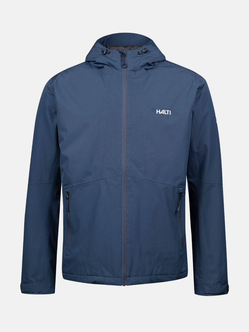 A blue Halti Forter DX Warm Shell Jacket for men with zip-up hood, two front pockets, and logo on the left chest.