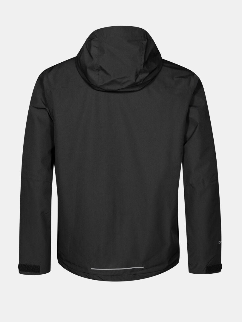 Halti Forter DX Warm Shell men’s black jacket, waterproof, hooded, long sleeves, reflective strip near the hem (back view).