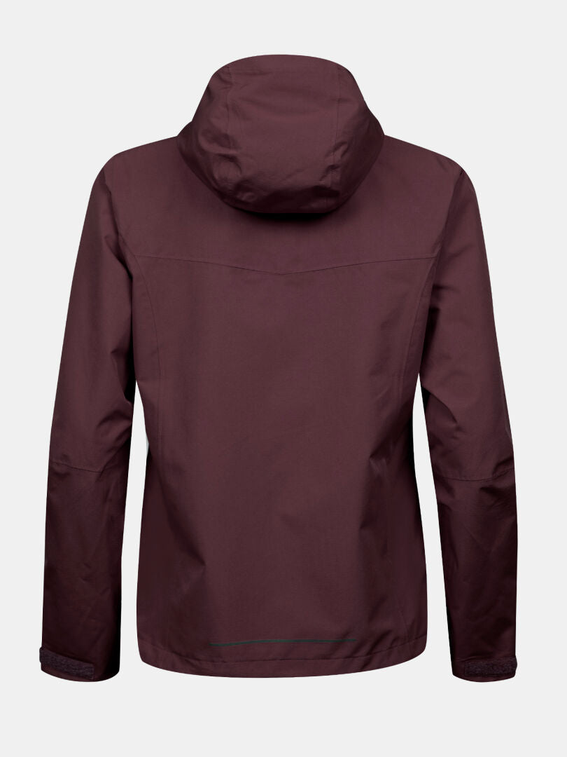 The Halti Forter DX Shell Jacket Plus Women's in maroon with a hood is shown from the back on a white background.