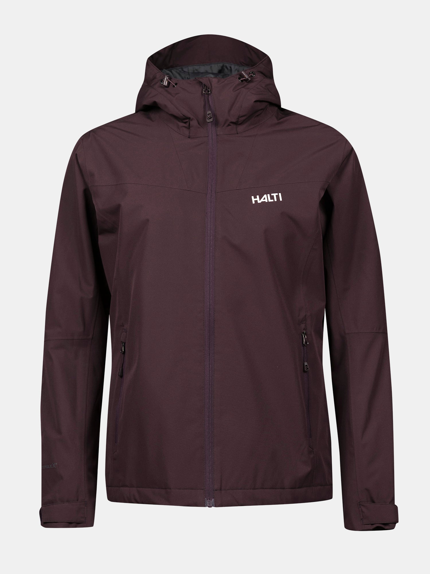 The Halti Forter DX Shell Jacket Plus Women's is dark purple with a front zipper, 2 zip pockets, and chest logo.
