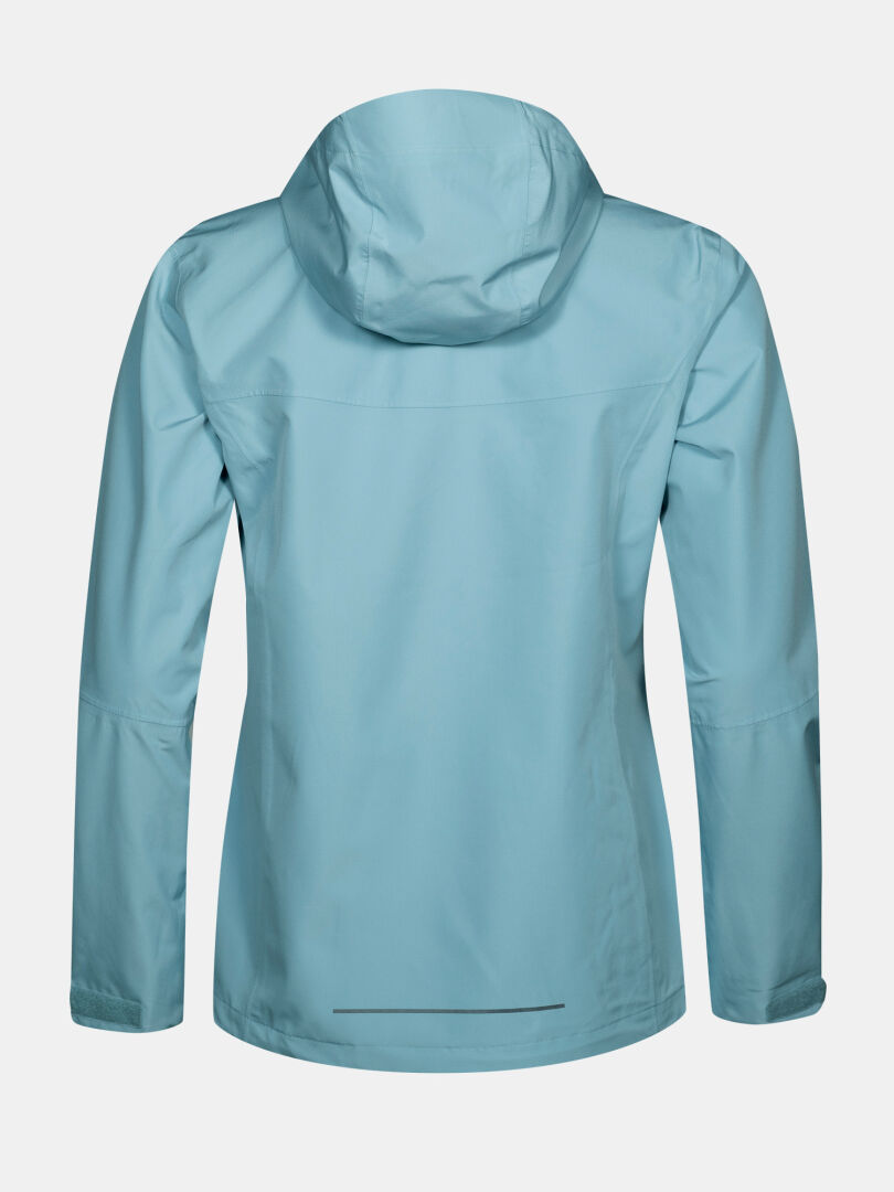 Halti Forter DX Shell Jacket Women’s Plus in light blue, hooded, back view on plain white background.