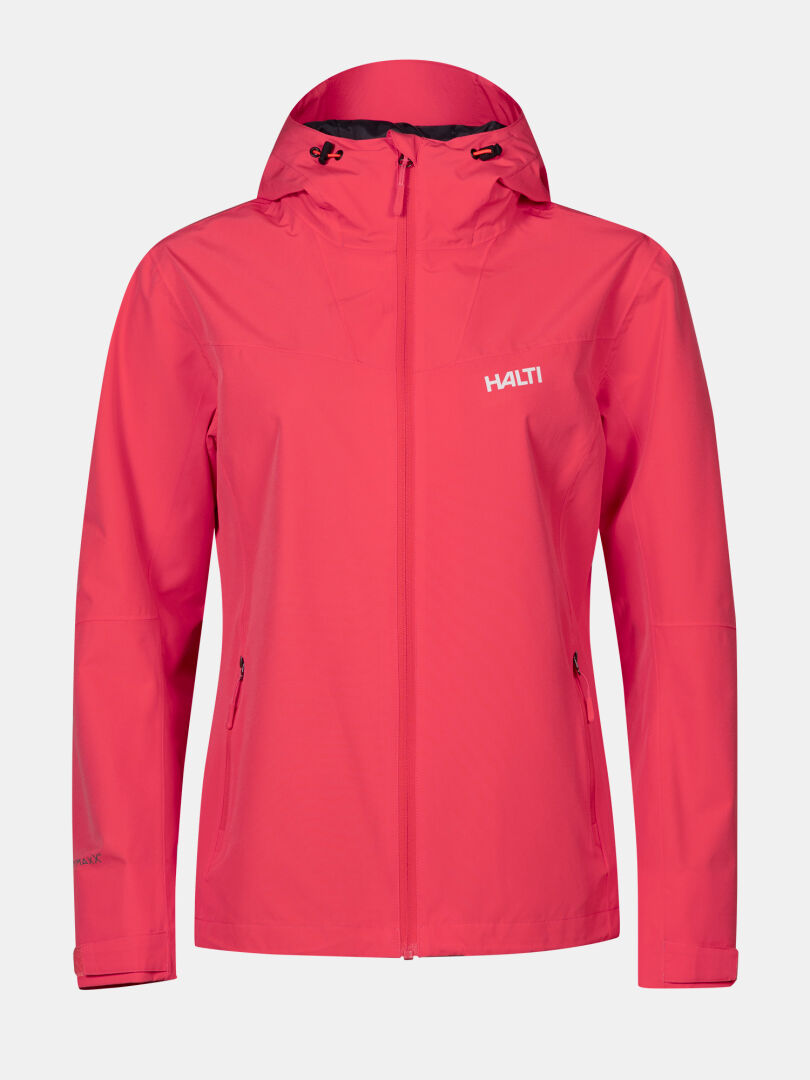 The Halti Forter DX Shell Jacket Plus Women's is pink with a hood, front zipper, side pockets, and logo on the chest.