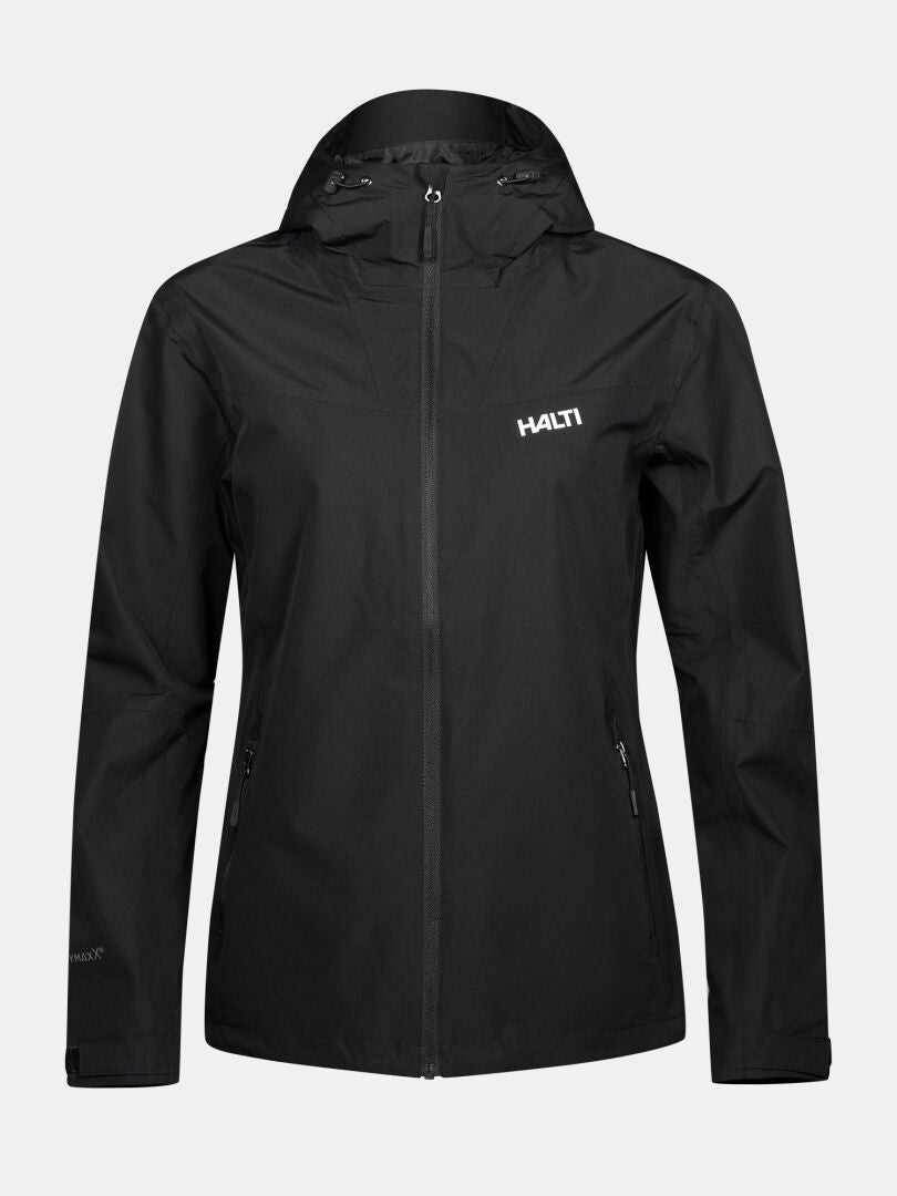 Halti Forter DX Shell Jacket Women’s Plus, black, waterproof, two zip pockets, shown on white background.