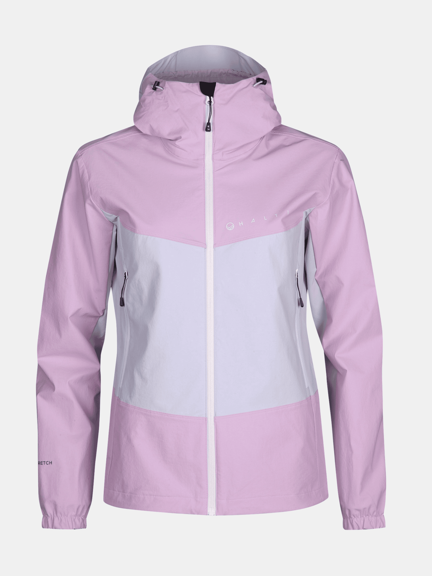Halti Pallas Evo X-stretch Jacket Plus Womens in light purple and white, with front zipper and zippered side pockets.