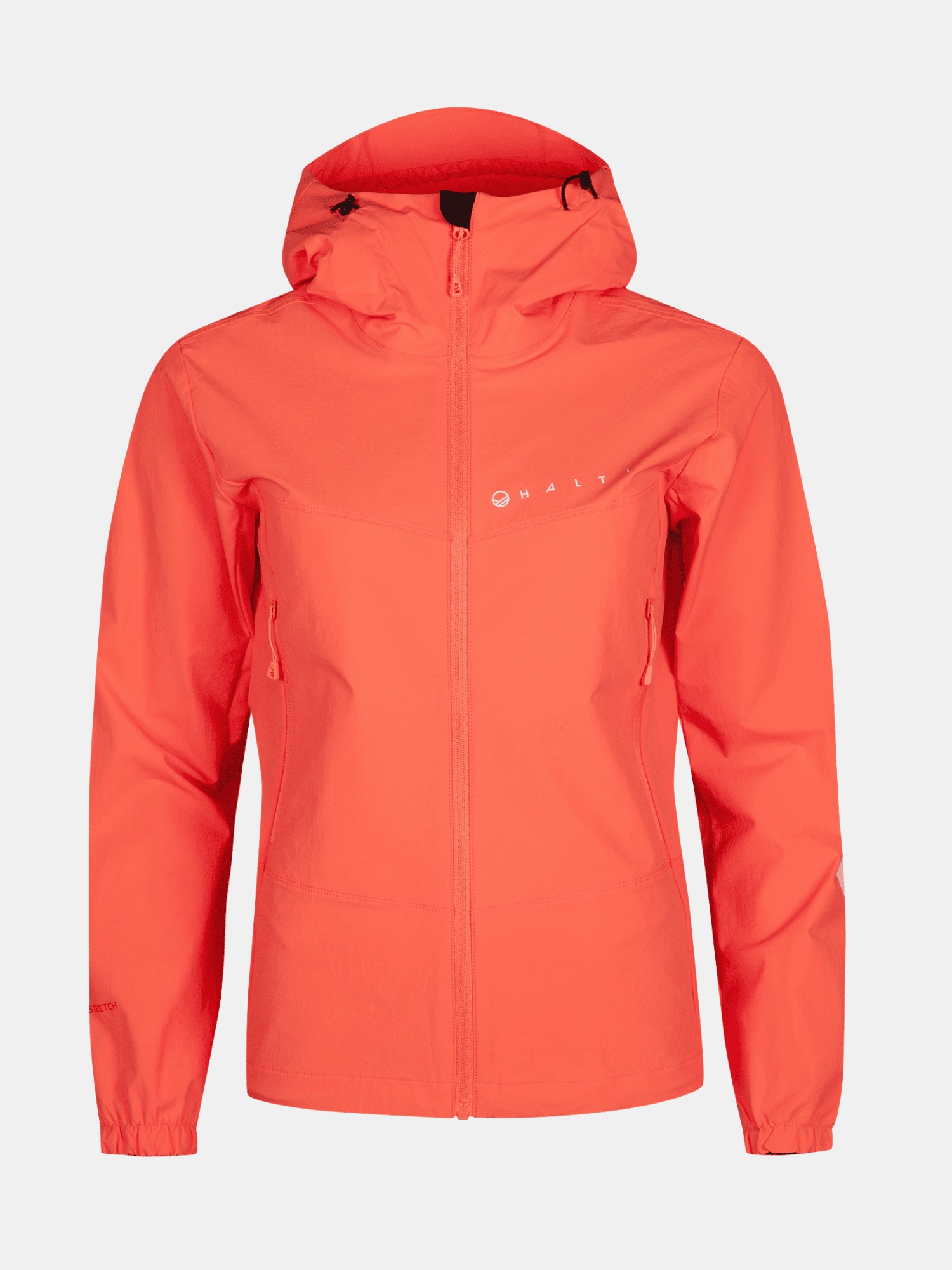 The Halti Pallas Evo X-stretch Jacket Plus Womens is a bright orange jacket with 2 pockets, front zip, and white chest logo.