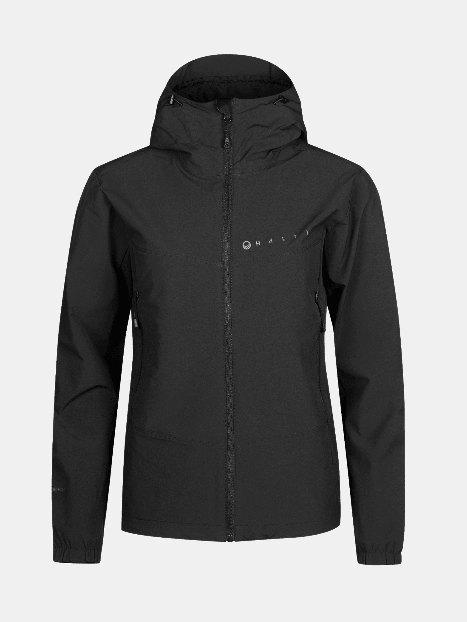The Halti Pallas Evo X-stretch Jacket Plus Womens in black, with hood and chest logo, shown on a white background.