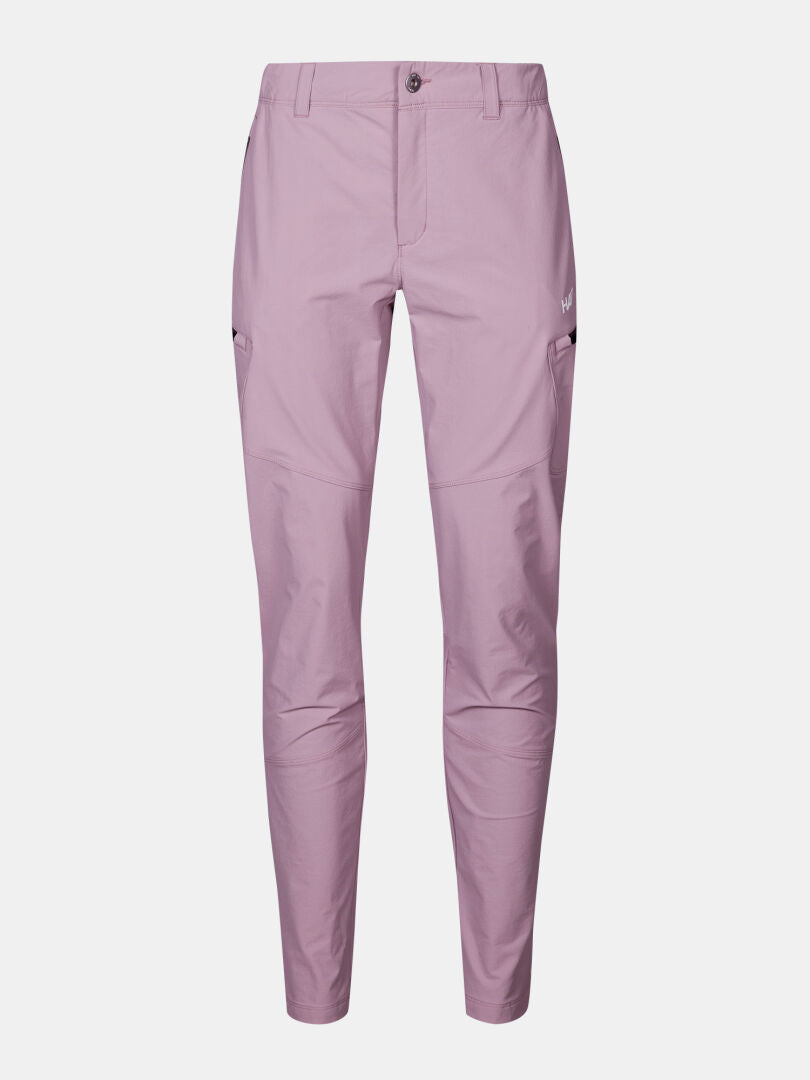 Halti Pallas Evo Plus X-stretch Women's pants in light purple with side pockets and button closure on white background.