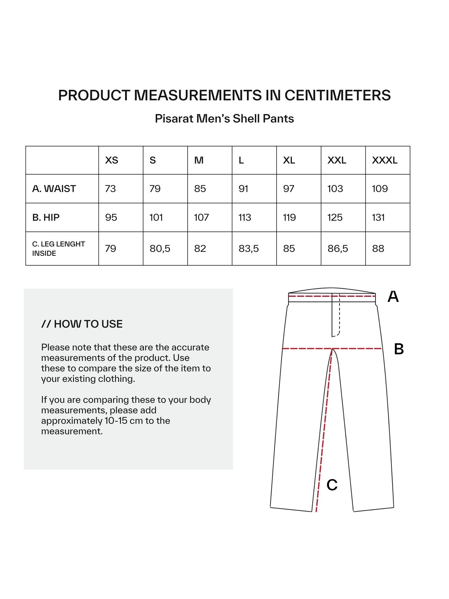 Size chart for Halti Pisarat 2,5L DX Shell Pants Mens with waist, hip, leg (cm), diagram, and usage notes.