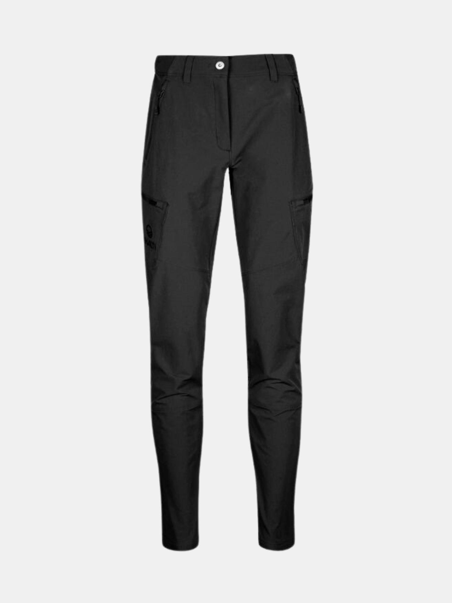 Halti Pallas Evo Brushed X-stretch Pants Plus Womens: black, slim-fit cargo pants with side pockets and zip closure.