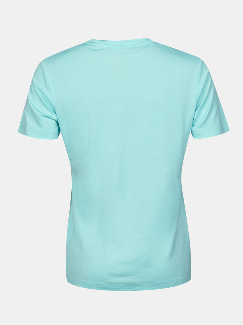 The Halti Kalteva T-shirt Womens in plain light blue, short-sleeved, shown from the back on a white background.
