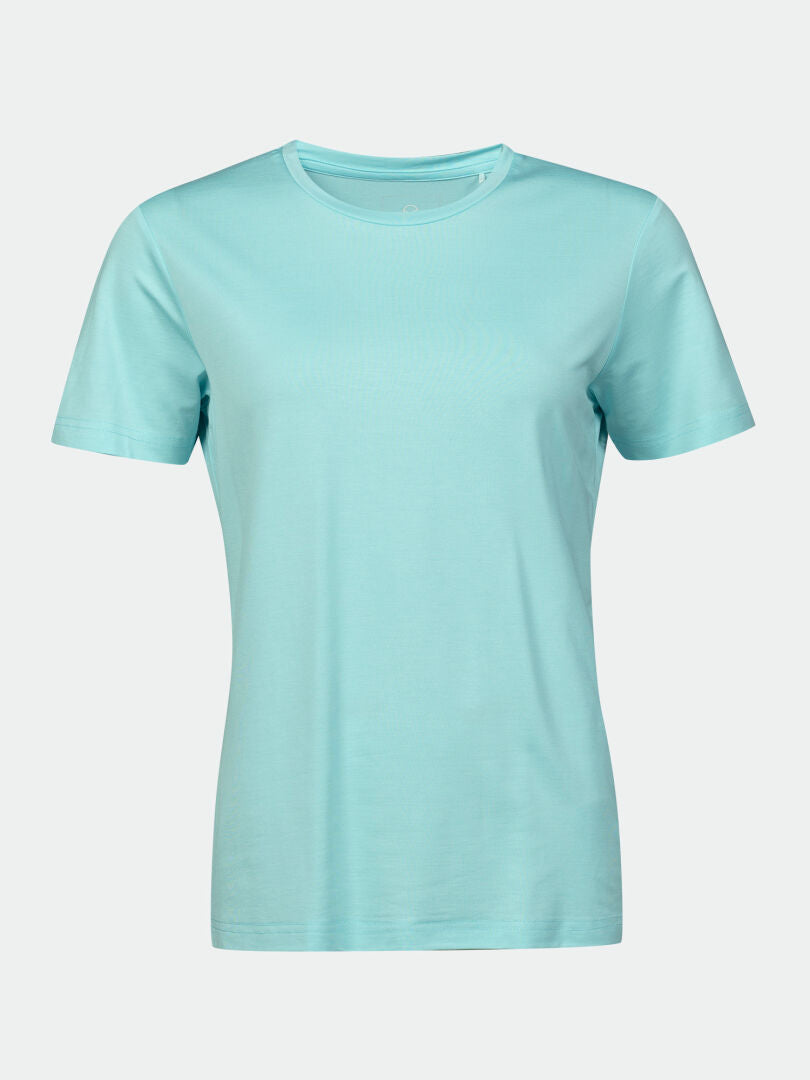 Halti Kalteva T-shirt Womens, plain light blue, crew neck, short sleeves, soft Sorona®, front view on white background.