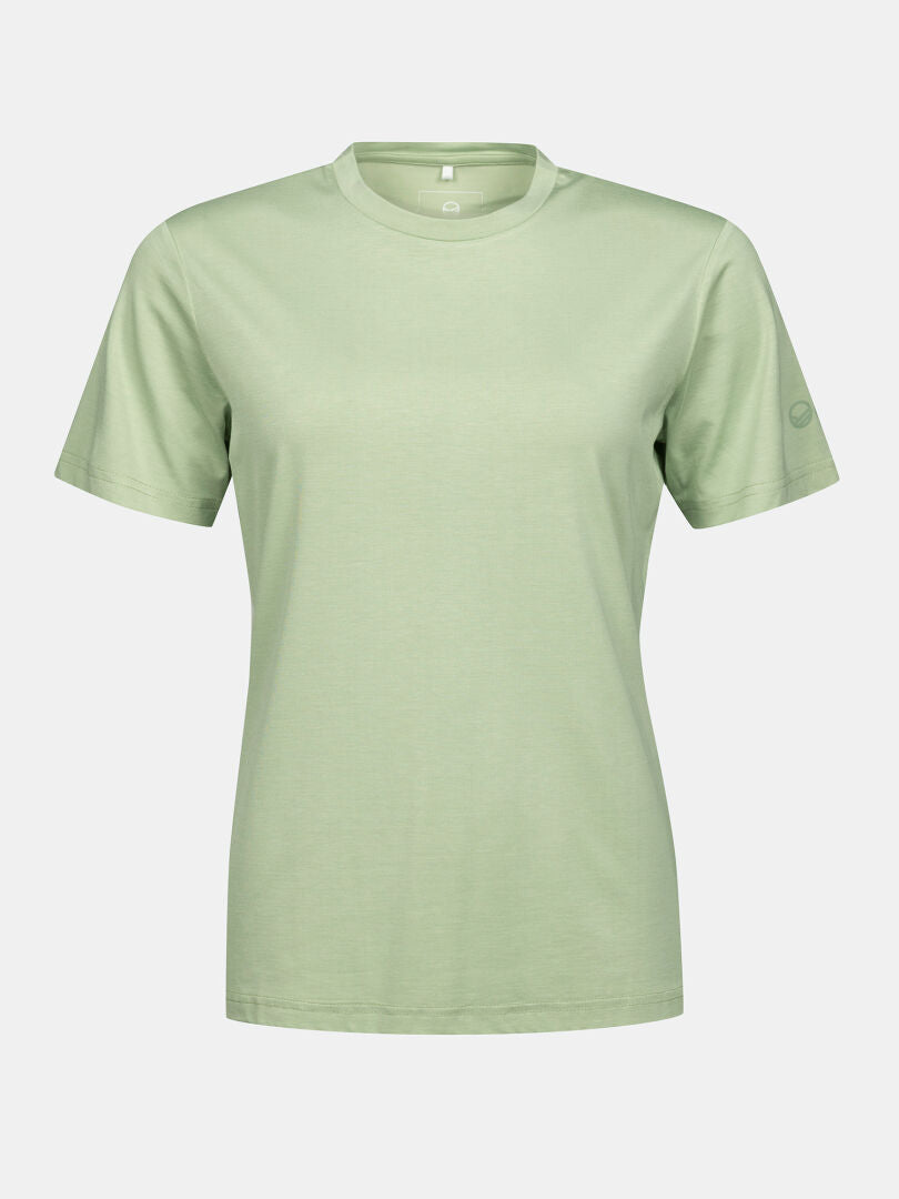 Light green Halti Kalteva T-shirt Womens with short sleeves and crew neck, front view on a white background.