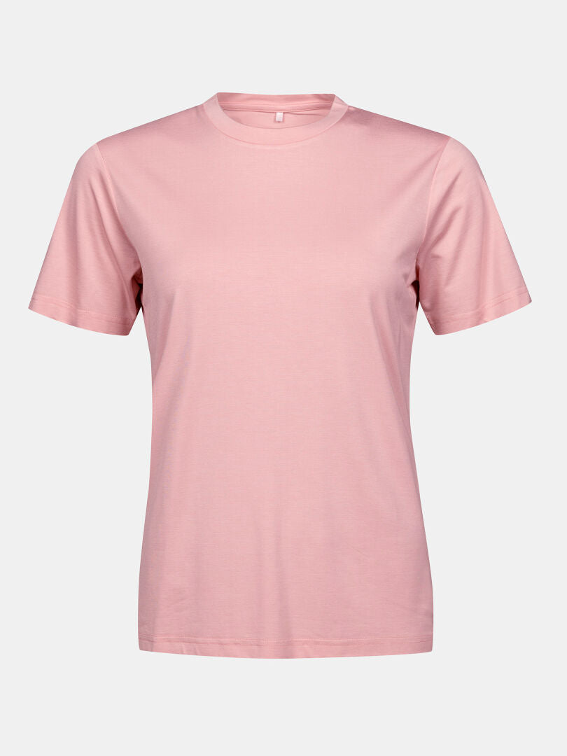 Halti Kalteva T-shirt Womens in plain pink, short-sleeve, EcoCosy® crew neck shown on a white background.