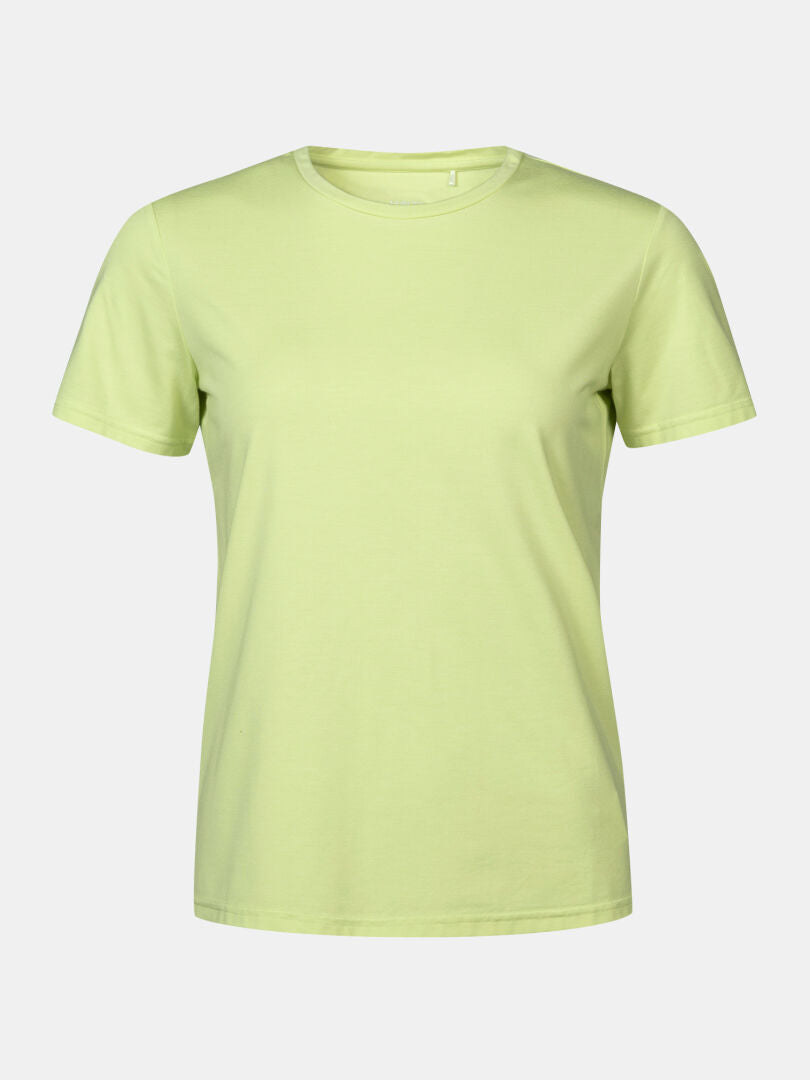 The Halti Kalteva T-shirt Women's is a light green, short-sleeve crew neck trekking tee shown on a white background.