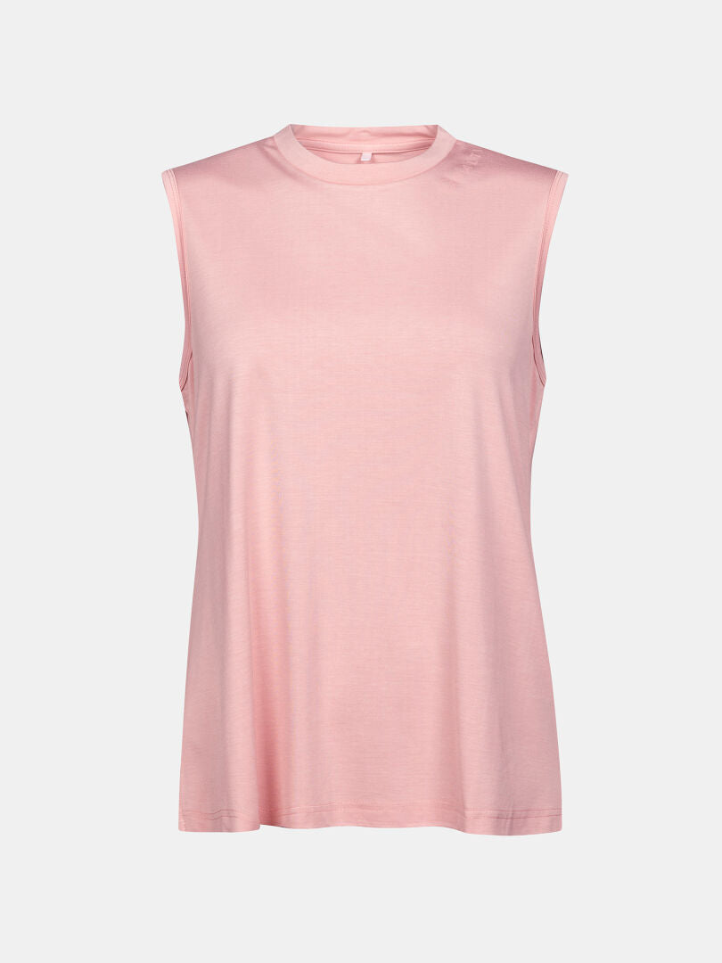 Halti Kalteva Top Womens: sleeveless, light pink crew neck in soft EcoCosy® trekking jersey mix.