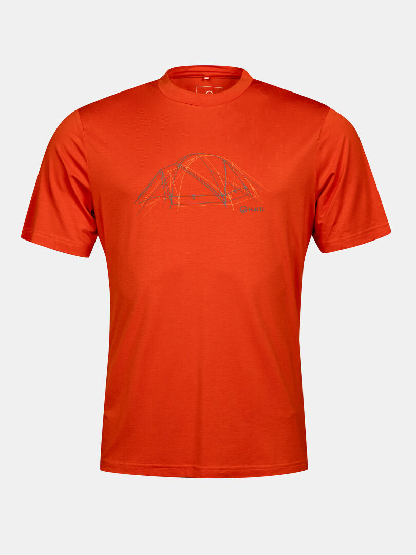 A mens Halti Kalteva T-shirt in orange features a simple tent line graphic on the chest, shown on a plain background.