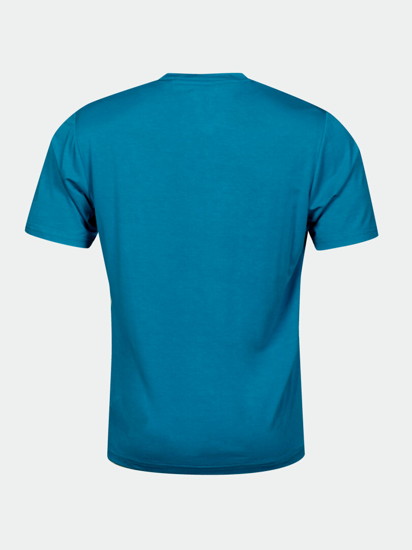 A plain teal Halti Kalteva T-shirt Mens shown from the back against a light gray background.