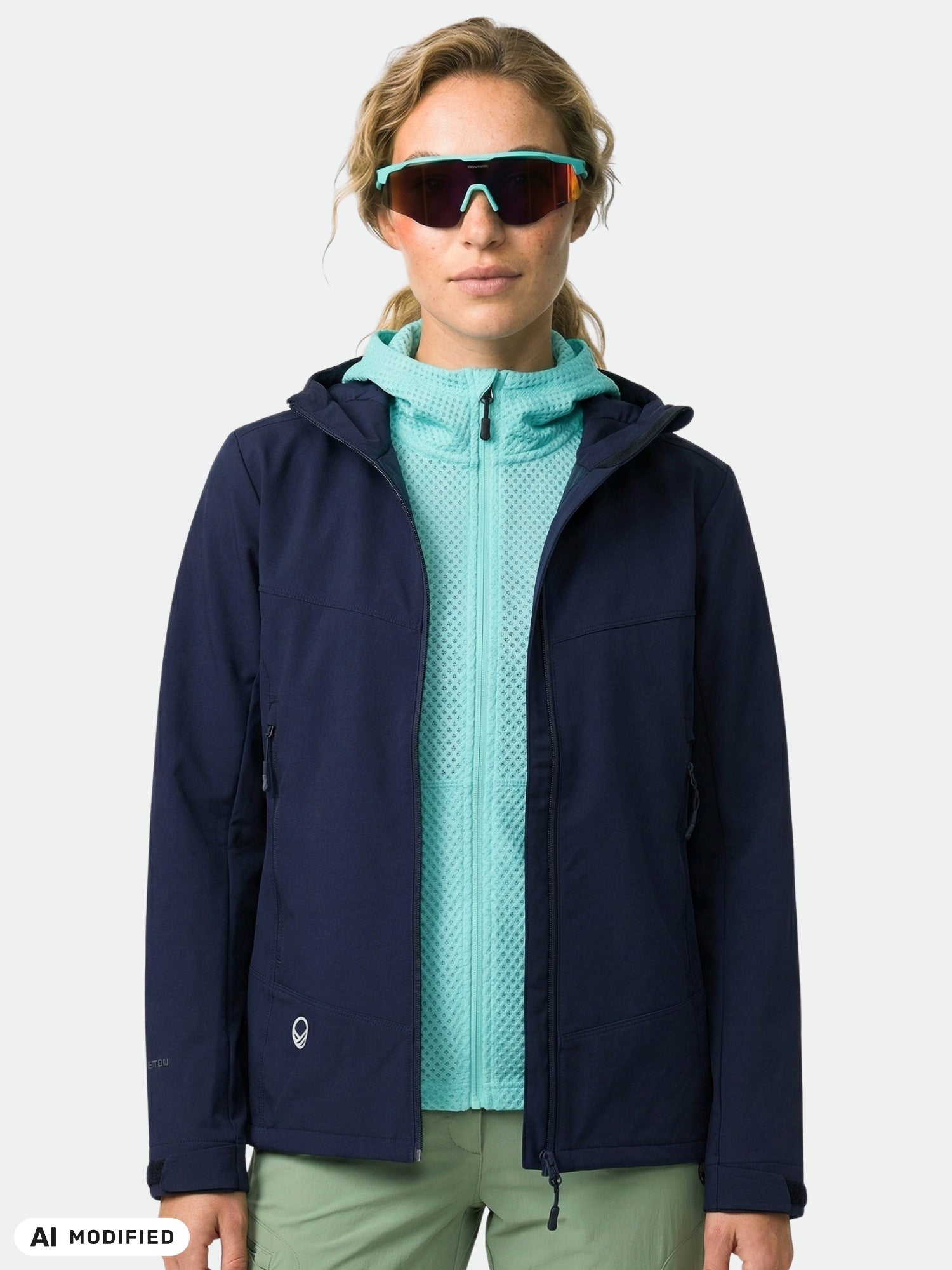 A woman in the Halti Pallas Evo Brushed X-stretch Jacket and sunglasses stands facing forward against a plain background.