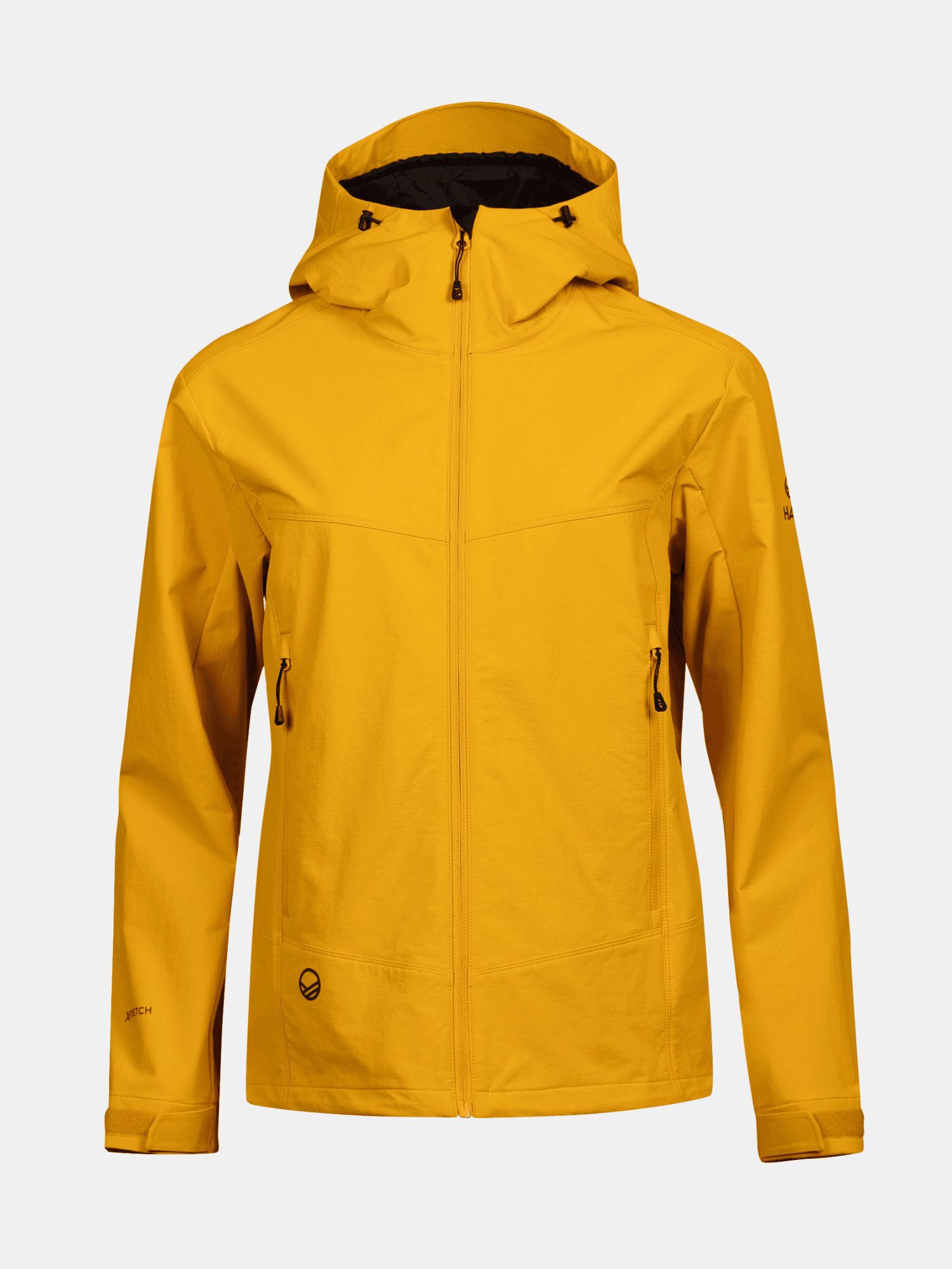 The Halti Pallas Evo Brushed X-stretch Jacket Plus Womens in yellow with zippered pockets on a plain white background.